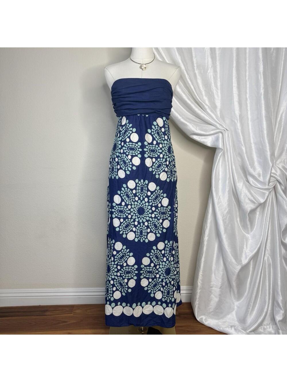 Maeve Maxi Dress Womens 8 Strapless Babydoll Blue Geometric Polka Dot Cotton